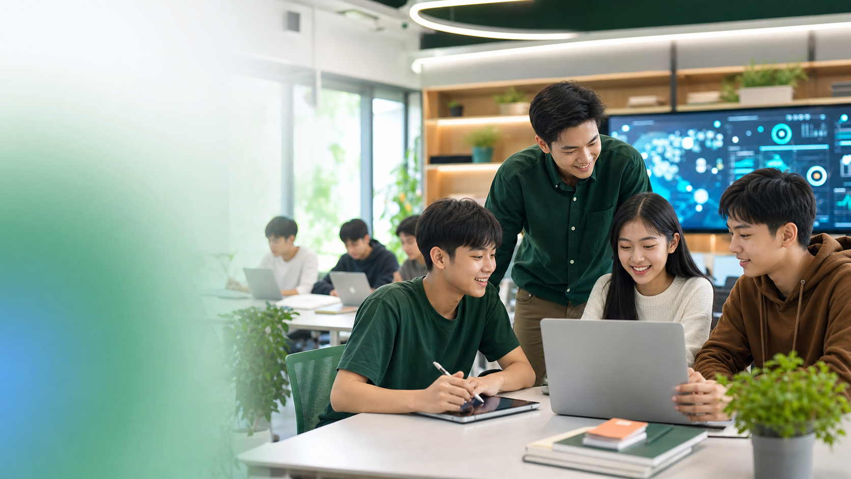 Students learning with a teacher in a modern classroom